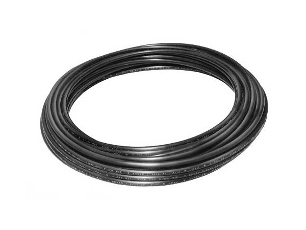 Black nylon brake hose bended in a circle on white background